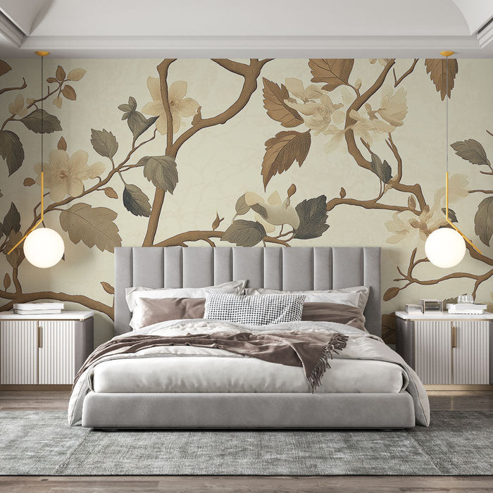 Carta da parati shabby chic | Ramificazioni delicate con fiori e uccelli in tonalità tenui