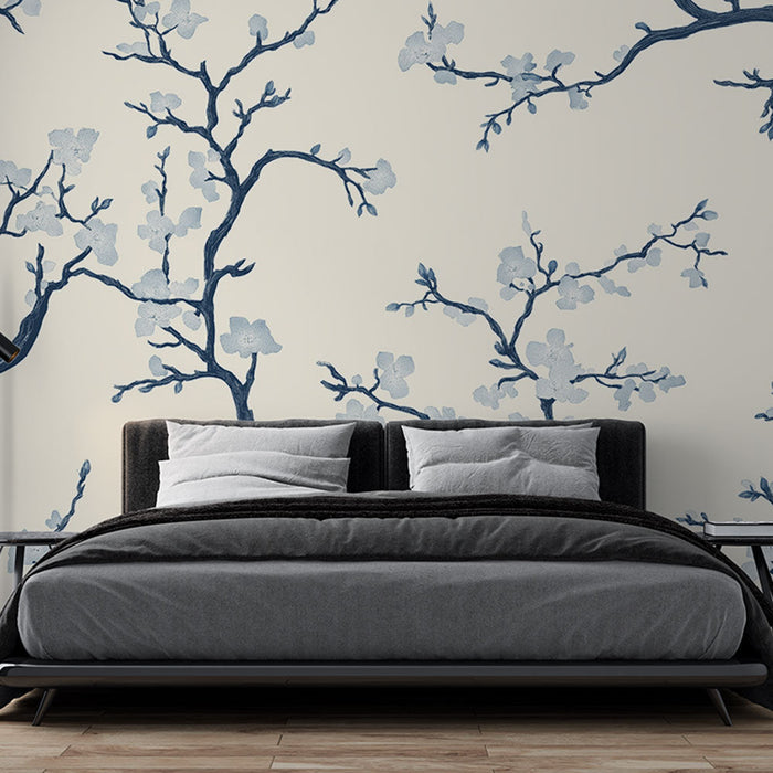 Tapet shabby chic | Blomstrende grene i blå på cremet baggrund