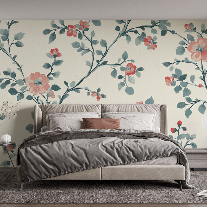 Tapeta shabby chic | Kwitnące gałęzie i delikatne liście