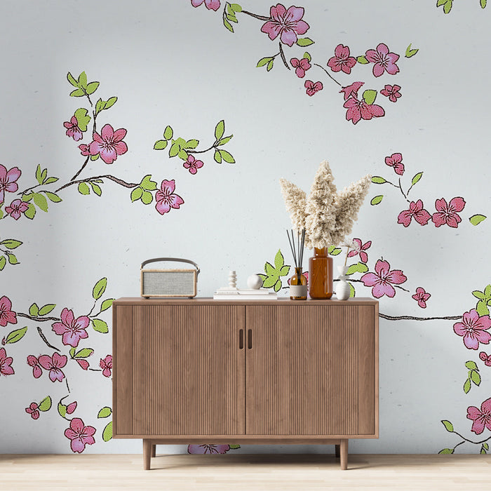 Tapet shabby chic | Pink blomstrende grene og friske blade