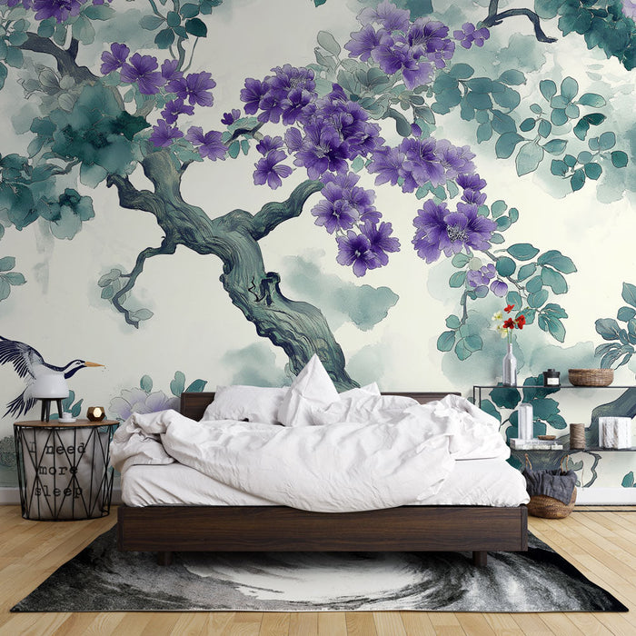 Foto Behang shabby chic | Paarse bloemtakken en delicate bladeren