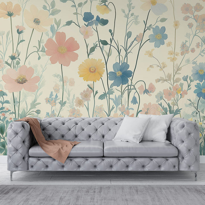 Foto Behang shabby chic | Velden van pastelbloemen met delicate tinten