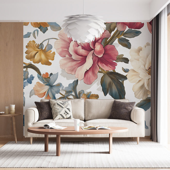 Шаби шик тапет | Ослепителен флорален модел с божури и цветни цветя