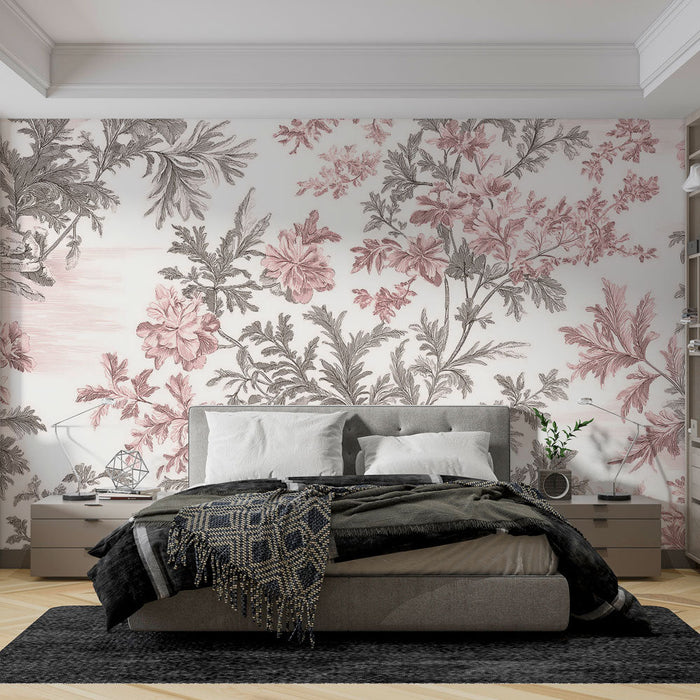 Tapet shabby chic | Burst of pink flowers and detailed foliage