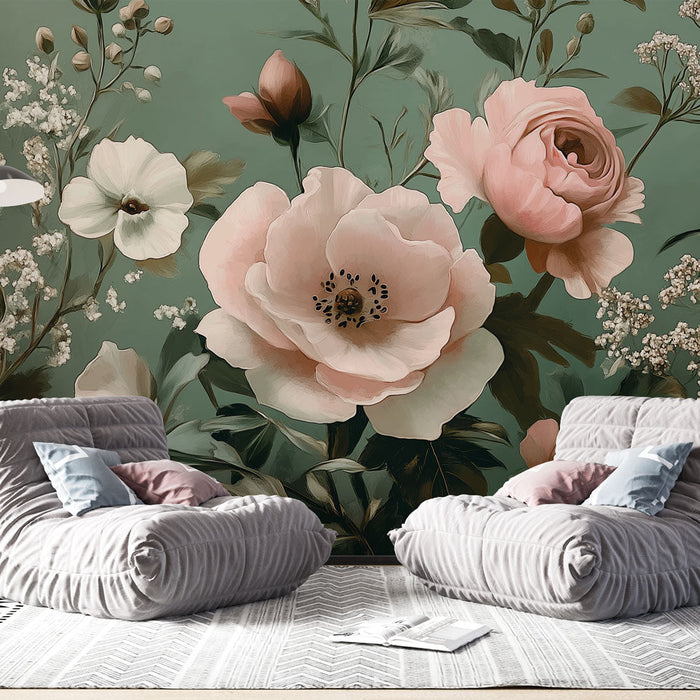 Tapet shabby chic | Explosion av rosa blommor på lugn grön bakgrund