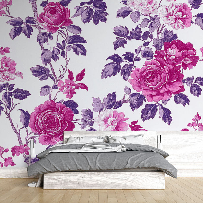 Carta da parati shabby chic | Esplosione di rose viola e rosa su sfondo bianco