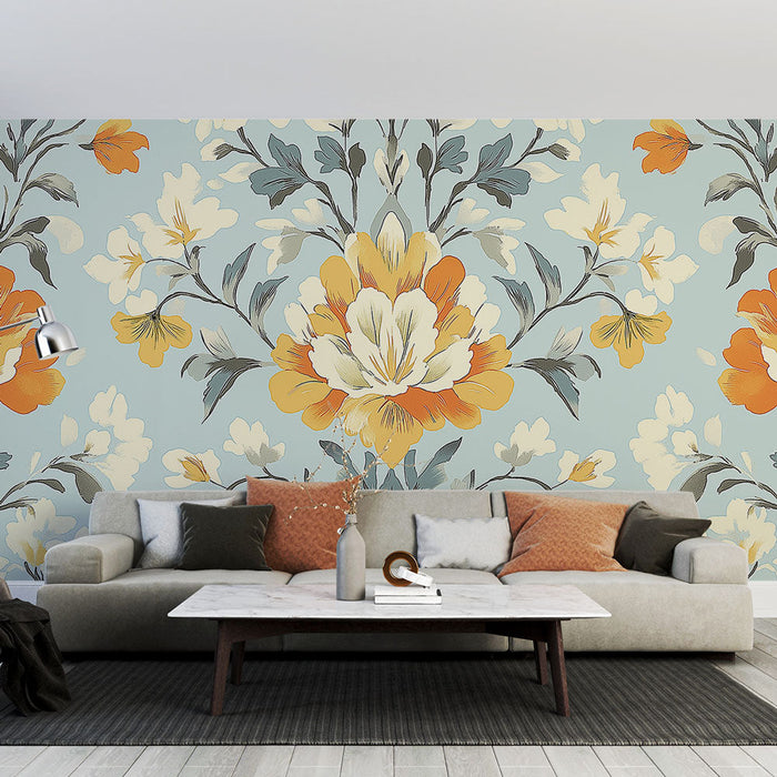 Tapet shabby chic | Blomstrende skin på blå baggrund