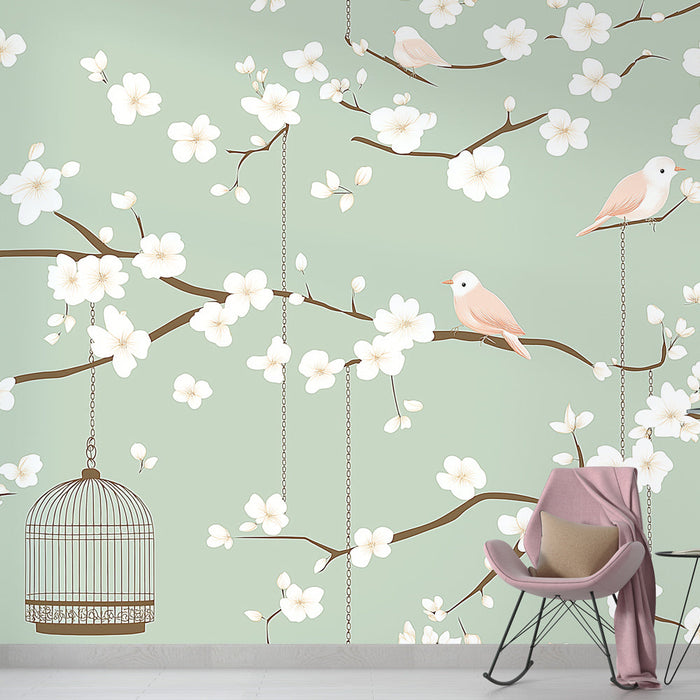 Papel de parede shabby chic | Bloom of delicate flowers and birds