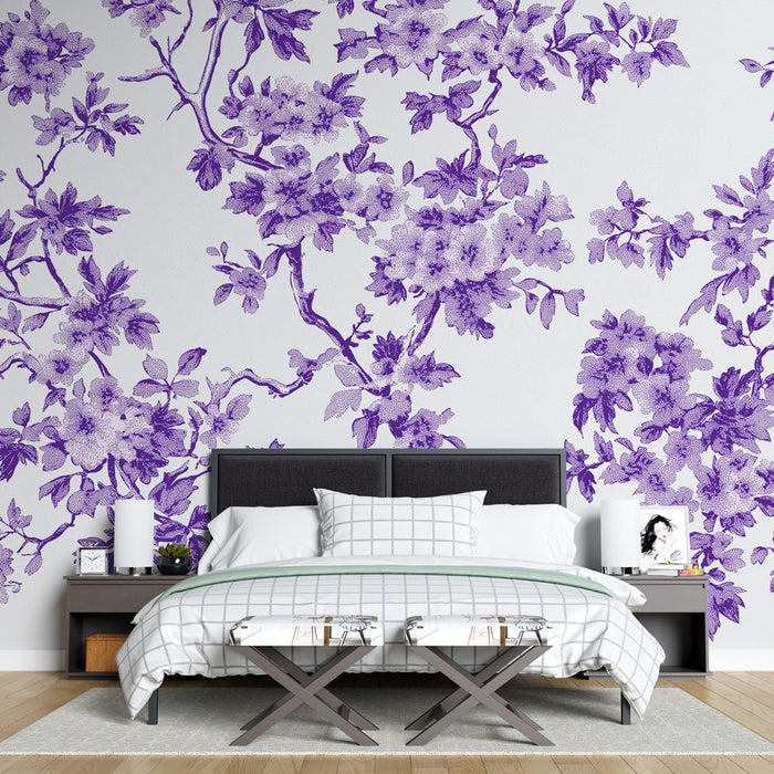 Tapet shabby chic | Blommig elegans i lila på vit bakgrund