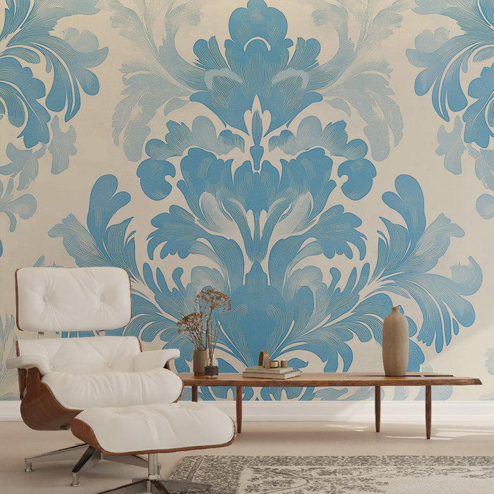 Falikárpit shabby chic | Elegáns kék damasztminta krémszínű háttéren