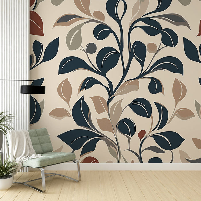 Ταπετσαρία shabby chic | Κομψό μοτίβο φυλλώματος με πινελιές κόκκινου και μπλε