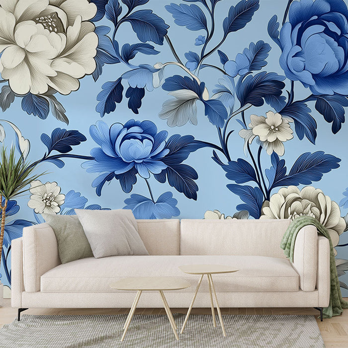 Tapet shabby chic | Model floral elegant albastru și alb