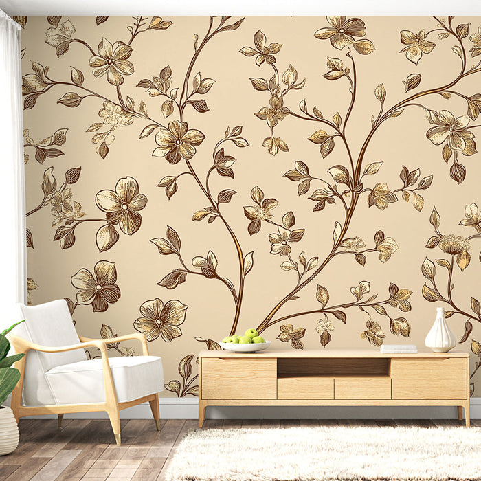 Tapete shabby chic | Elegantes goldenes Blumenmuster auf cremem Hintergrund