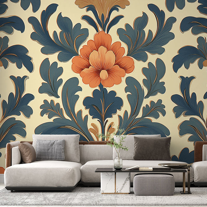 Tapeta shabby chic | Elegantní květinový vzor v modré a oranžové