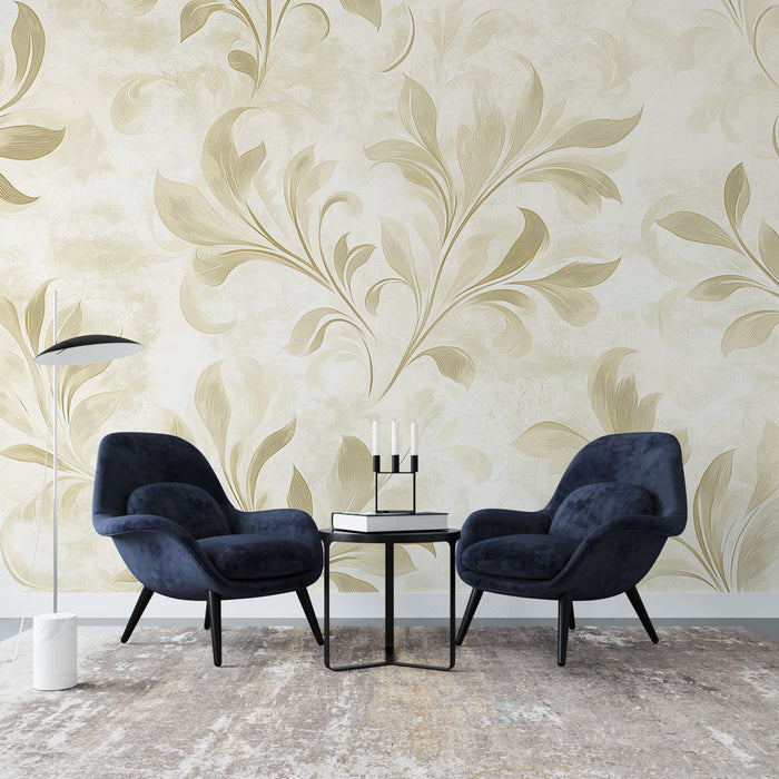 Tapeta shabby chic | Elegantní béžové listy na krémovém pozadí