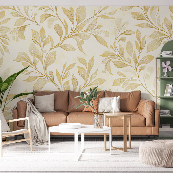 Tapeta se zchátralým šarmem | Elegantní zlaté listy na krémovém pozadí