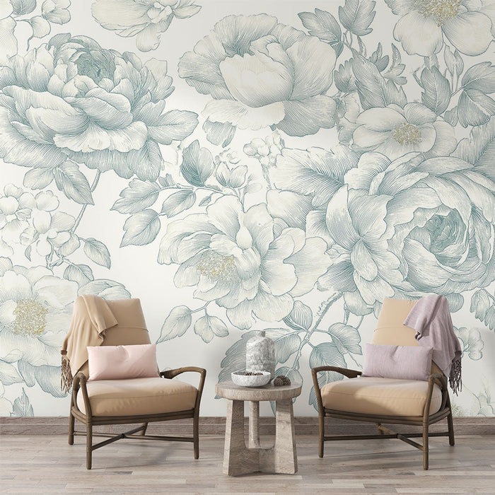 Tapet shabby chic | Flori elegante în acuarelă în nuanțe de albastru