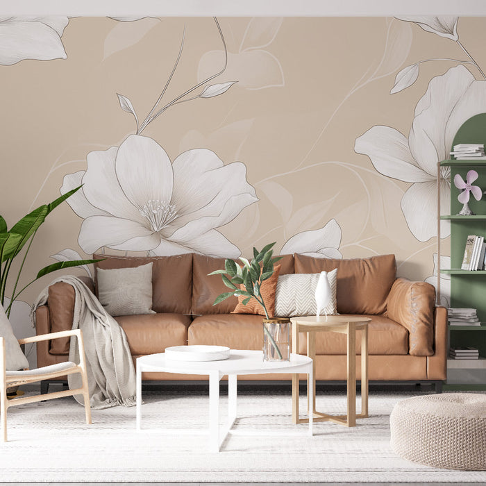 Шаби шик тапет | Елегантни бели цветя на бежов фон