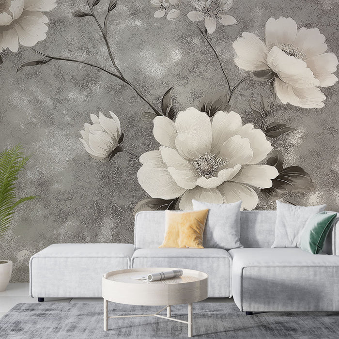 Papel de parede shabby chic | Flores brancas elegantes em fundo cinza
