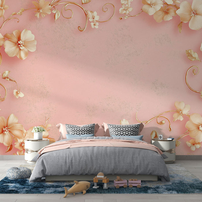 Fototapet shabby chic | Zarif altın çiçekler pembe arka plan üzerinde