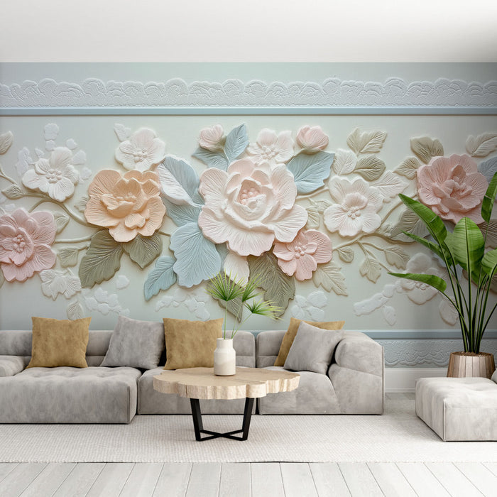 Falikép tapéta shabby chic | Elegáns dombornyomott virágok lágy árnyalatokban