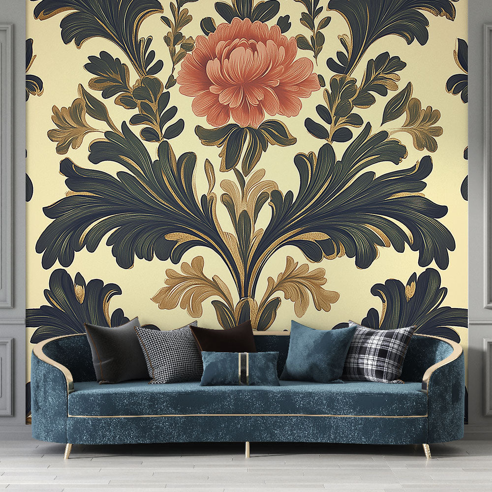 Tapet shabby chic | Eleganta blommor och löv i varma toner— WonderMural