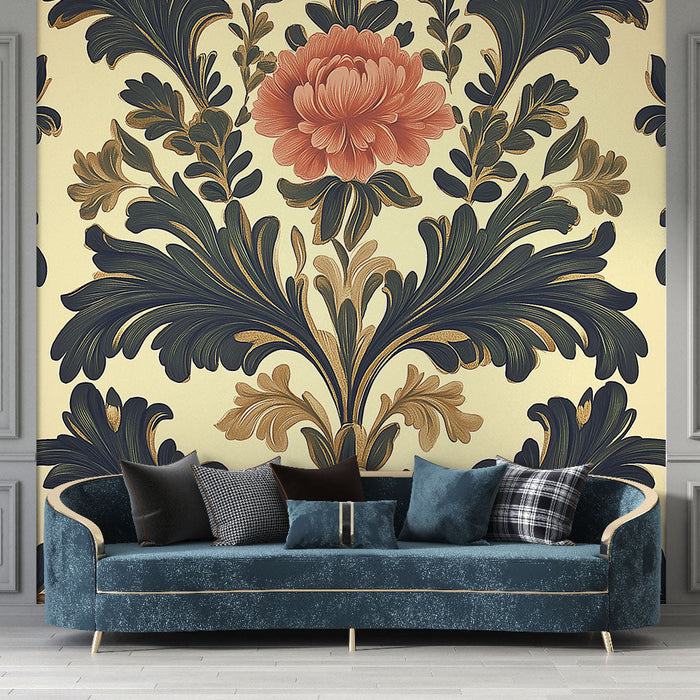 Tapeta shabby chic | Eleganckie kwiaty i liście w ciepłych tonacjach