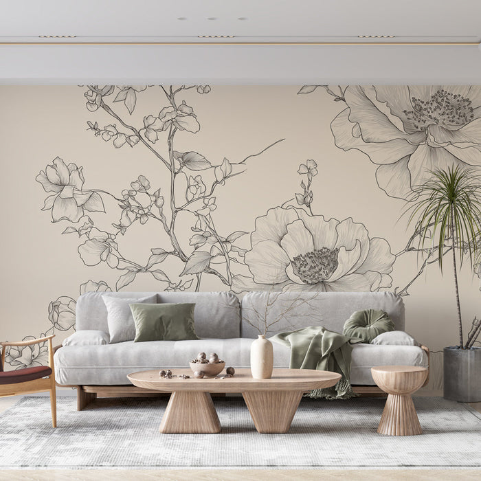 Шаби шик тапет | Елегантни илюстрирани цветя на бежов фон