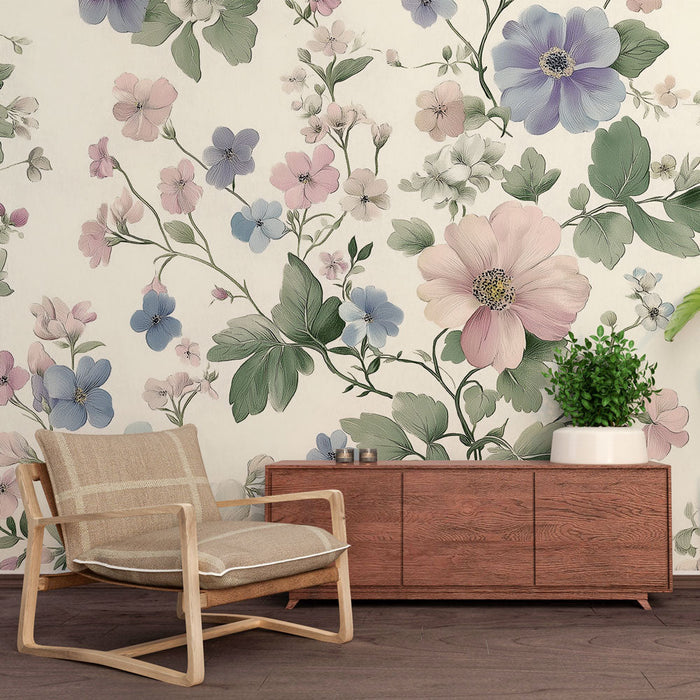 Tapetti shabby chic | Elegantit pastelliväriset kukat herkillä lehdillä