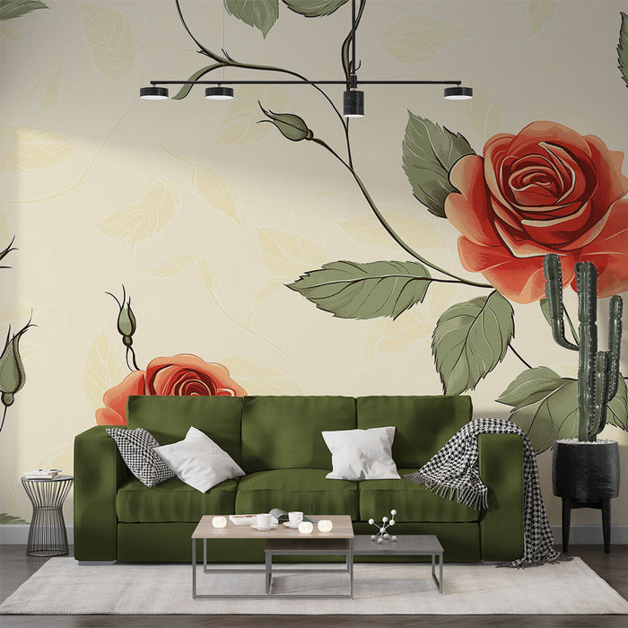 Tapet shabby chic | Elegante røde roser på kremet bakgrunn