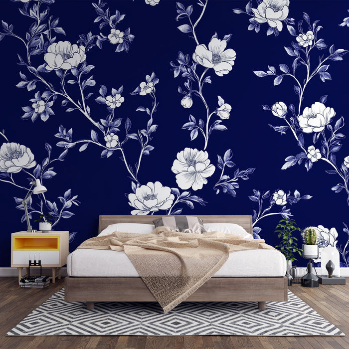 Carta da parati shabby chic | Eleganti motivi floreali bianchi su sfondo blu navy