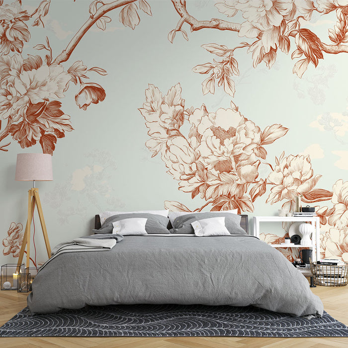 Fototapet shabby chic | Yumuşak bir arka planda terrakota tonlarında zarif çiçek desenleri