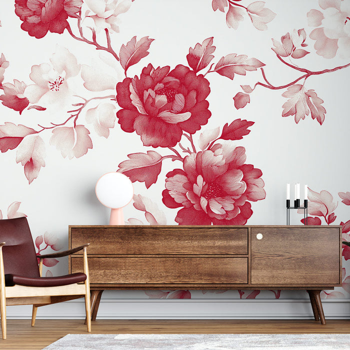 Ταπετσαρία τοίχου shabby chic | Κομψά κόκκινα και λευκά λουλουδάτα μοτίβα σε ανοιχτόχρωμο φόντο