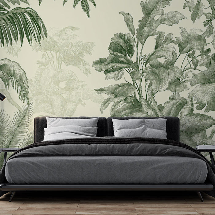 Tapete shabby chic | Luxuriöse tropische Blätter in Grüntönen