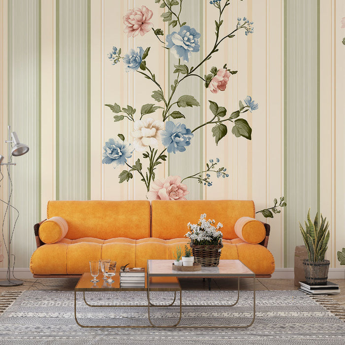 Tapeta shabby chic | Jemné pastelové květiny a pruhy