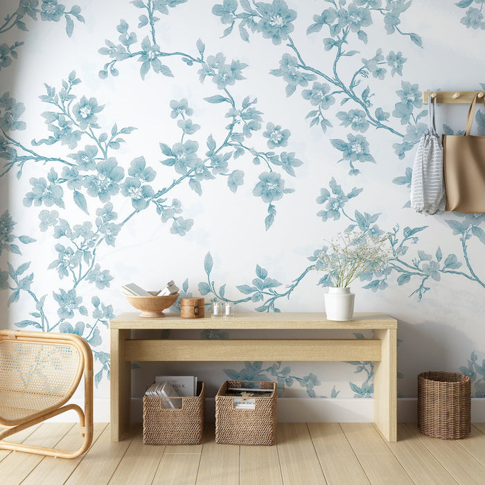 Fototapet shabby chic | Beyaz zemin üzerinde mavi su boya çiçekleri