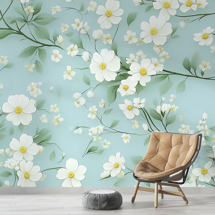 Tapet shabby chic | Flori albe delicate pe fundal albastru