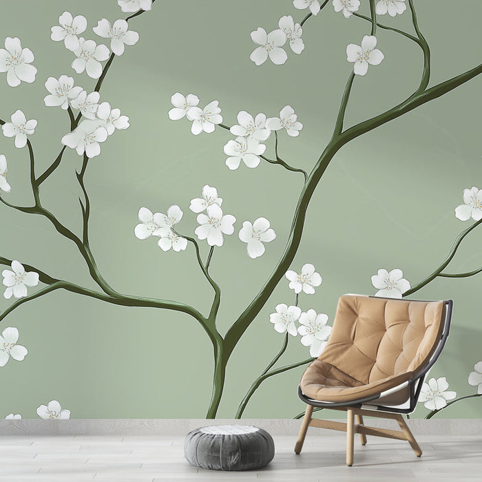 Tapet shabby chic | Flori albe delicate pe fundal verde pal