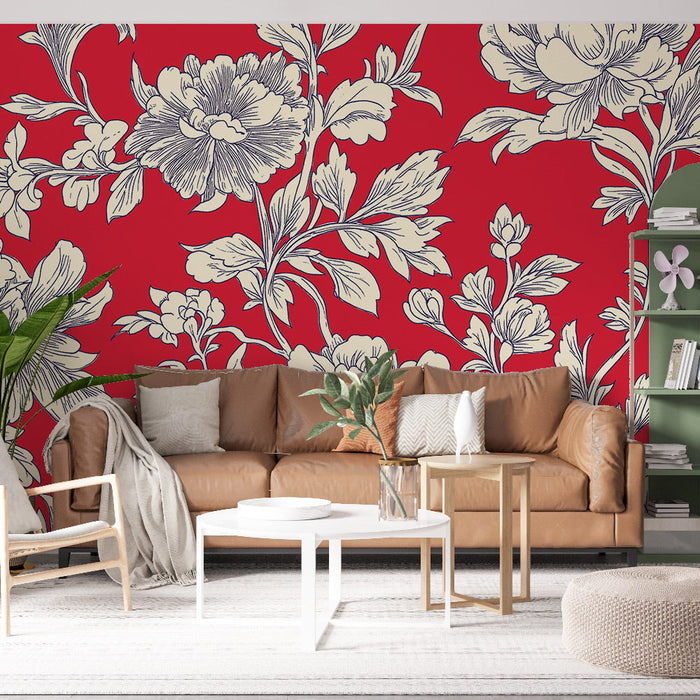 Fototapet shabby chic | Parlak kırmızı zemin üzerinde beyaz çiçekler