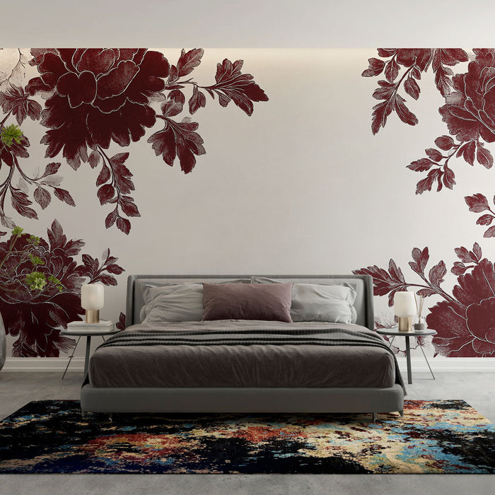 Tapete shabby chic | Fleurs bordeaux sur fond crème classique