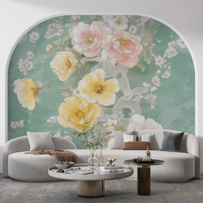 Tapete shabby chic | Bunte Blumen auf türkisem Hintergrund