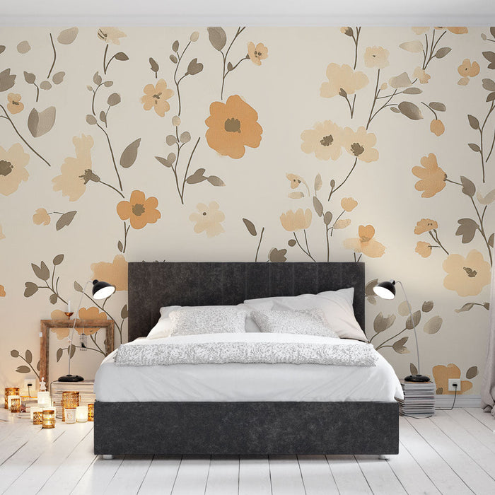 Papel de parede shabby chic | Flores delicadas em tons de salmão e bege