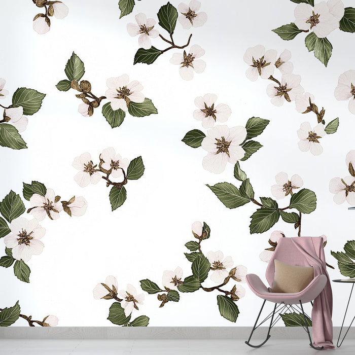 Tapete shabby chic | Zarte Apfelblüten auf weißem Hintergrund