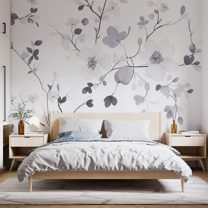 Papel de parede shabby chic | Flores delicadas em tons de cinza