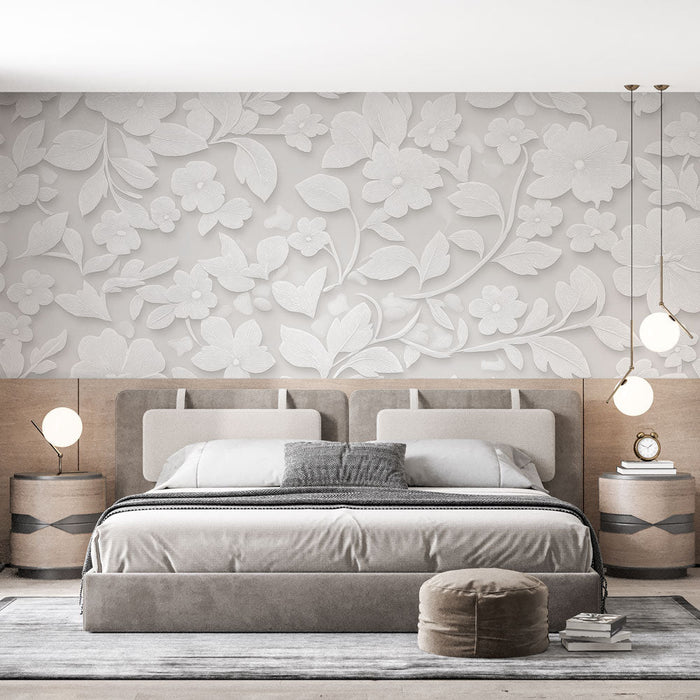 Tapeta shabby chic | Nežni vtisnjeni cvetovi na svetli podlagi