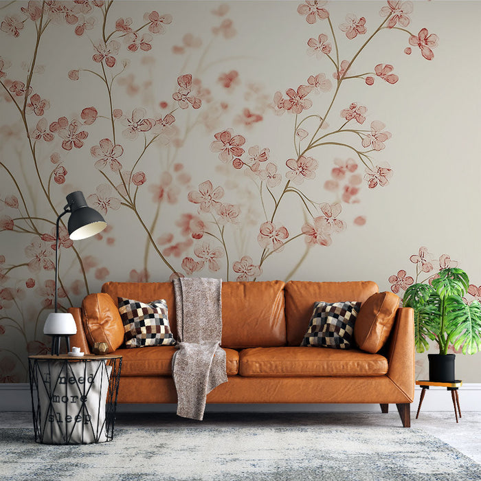 Tapeta shabby chic | Nežni cvetovi v roza in bež barvi na svetli podlagi