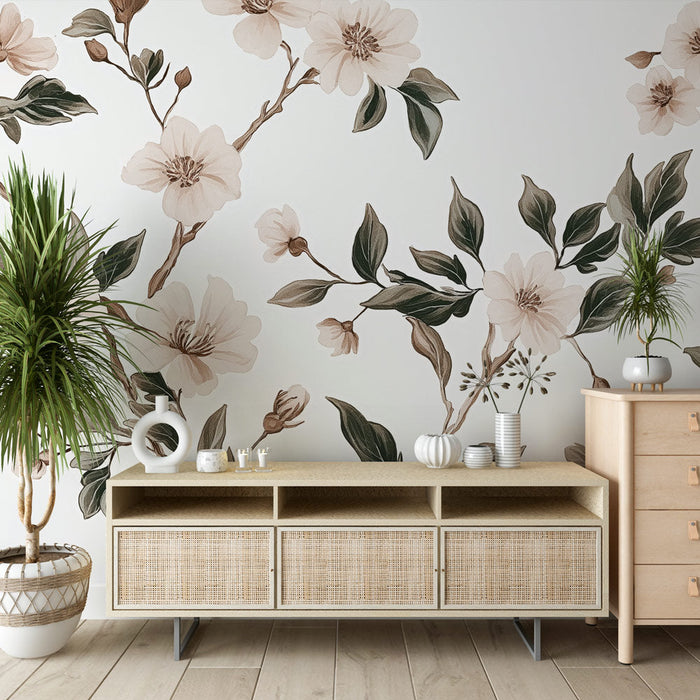 Tapeta shabby chic | Delikatne kwiaty i rafinowane liście