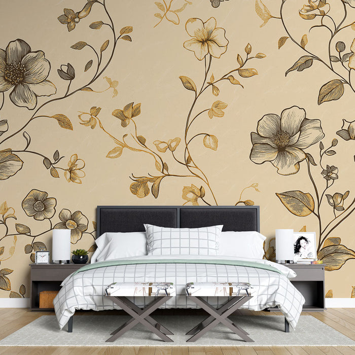 Tapete shabby chic | Zarte Blumen auf beigem Hintergrund mit goldenen Akzenten