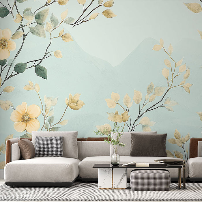 Muraaltapeet shabby chic | Õrnad lilled kahvatusinisel taustal