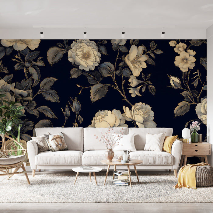 Tapet shabby chic | Delikata blommor på marinblå bakgrund